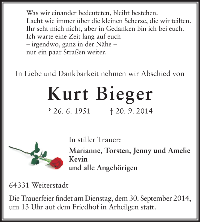  Traueranzeige für Kurt Bieger vom 27.09.2014 aus Echo-Zeitungen (Gesamtausgabe)