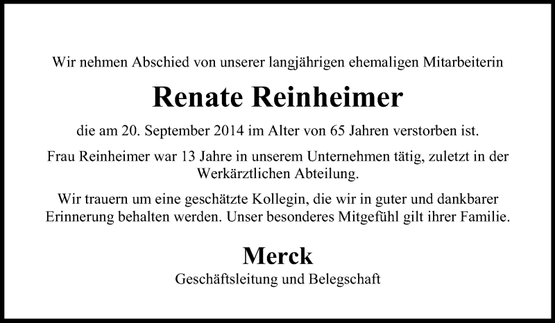  Traueranzeige für Renate Reinheimer vom 26.09.2014 aus Echo-Zeitungen (Gesamtausgabe)