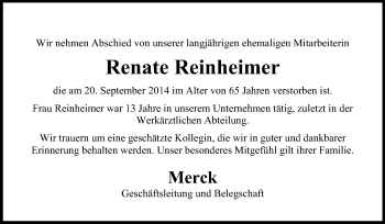 Traueranzeige von Renate Reinheimer von Echo-Zeitungen (Gesamtausgabe)