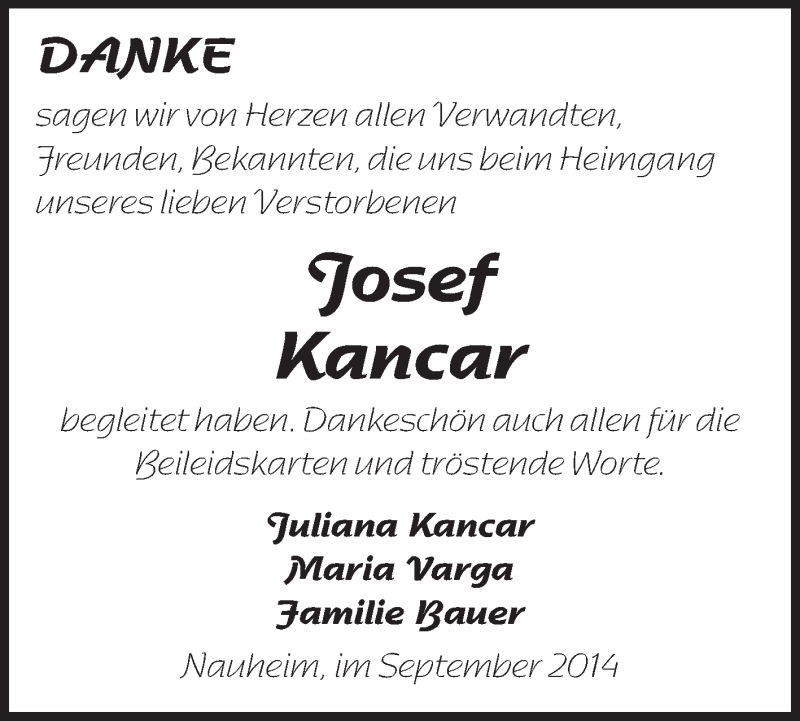  Traueranzeige für Josef Kancar vom 27.09.2014 aus Rüsselsheimer Echo, Groß-Gerauer-Echo, Ried Echo
