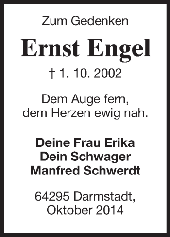 Traueranzeige von Ernst Engel von Echo-Zeitungen (Gesamtausgabe)
