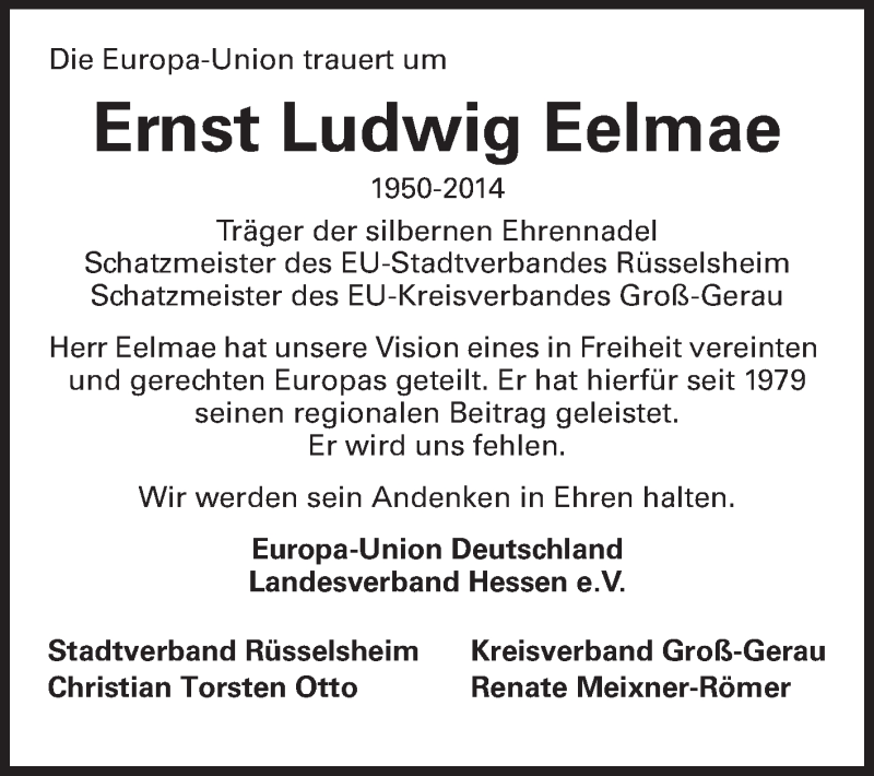  Traueranzeige für Ernst Ludwig Eelmae vom 26.09.2014 aus Rüsselsheimer Echo, Groß-Gerauer-Echo, Ried Echo