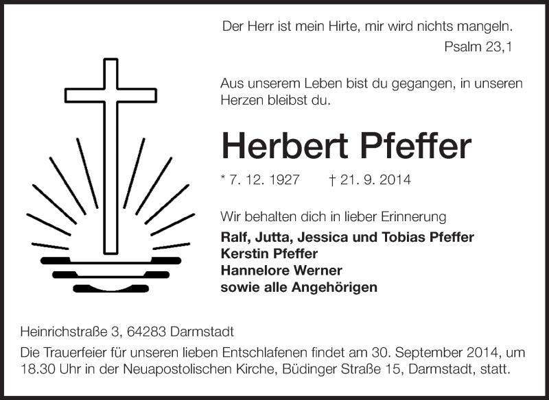  Traueranzeige für Herbert Pfeffer vom 27.09.2014 aus Echo-Zeitungen (Gesamtausgabe)