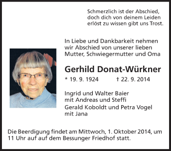 Traueranzeige von Gerhild Donat-Würkner von Echo-Zeitungen (Gesamtausgabe)