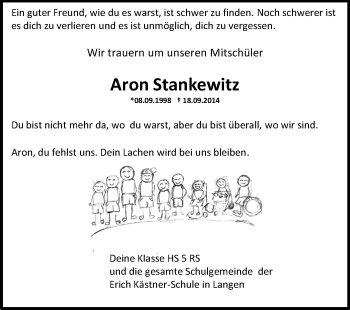 Traueranzeige von Aron Stankewitz von Echo-Zeitungen (Gesamtausgabe)