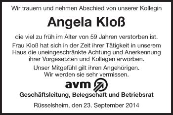 Traueranzeige von Angela Kloß von Rüsselsheimer Echo, Groß-Gerauer-Echo, Ried Echo