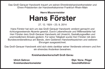 Traueranzeige von Hans Förster von Rüsselsheimer Echo, Groß-Gerauer-Echo, Ried Echo