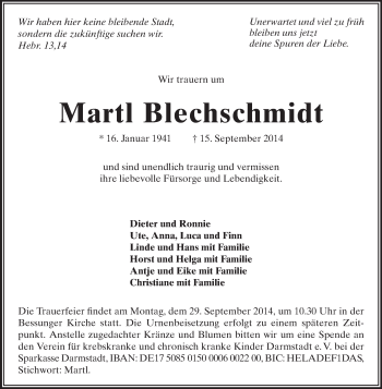Traueranzeige von Martl Blechschmidt von Echo-Zeitungen (Gesamtausgabe)