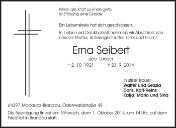 Traueranzeige von Erna Seibert von Echo-Zeitungen (Gesamtausgabe)