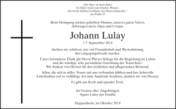 Traueranzeige von Johann Lulay von Starkenburger Echo, Bergsträßer Anzeiger