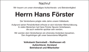 Traueranzeige von Hans Förster von Rüsselsheimer Echo, Groß-Gerauer-Echo, Ried Echo