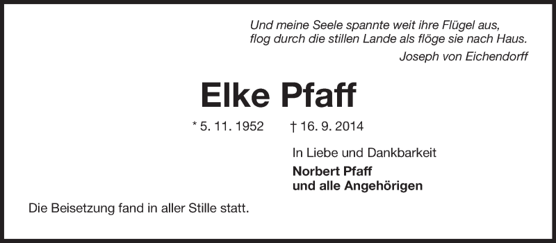  Traueranzeige für Elke Pfaff vom 27.09.2014 aus Echo-Zeitungen (Gesamtausgabe)