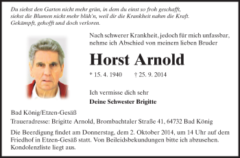 Traueranzeige von Horst Arnold von Echo-Zeitungen (Gesamtausgabe)