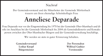 Traueranzeige von Anneliese Deparade von Starkenburger Echo