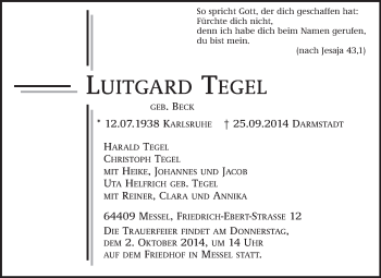 Traueranzeige von Luitgard Tegel von Echo-Zeitungen (Gesamtausgabe)