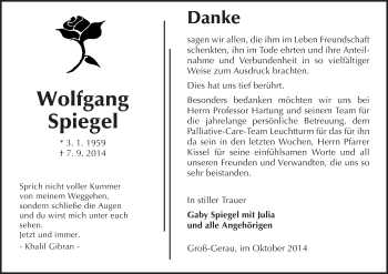 Traueranzeige von Wolfgang Spiegel von Rüsselsheimer Echo, Groß-Gerauer-Echo, Ried Echo
