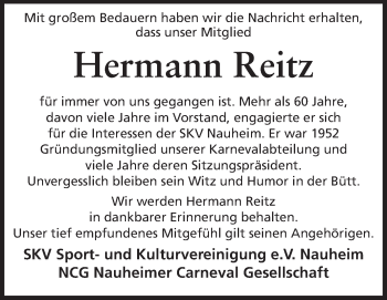 Traueranzeige von Hermann Reitz von Rüsselsheimer Echo, Groß-Gerauer-Echo, Ried Echo