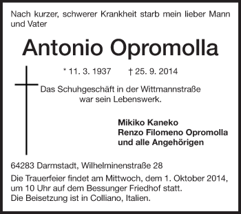 Traueranzeige von Antonio Opromolla von Echo-Zeitungen (Gesamtausgabe)