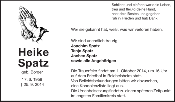 Traueranzeige von Heike Spatz von Odenwälder Echo