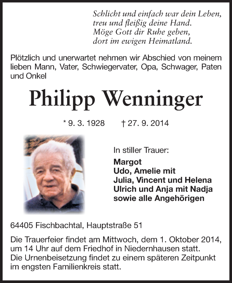  Traueranzeige für Philipp Wenninger vom 30.09.2014 aus Echo-Zeitungen (Gesamtausgabe)
