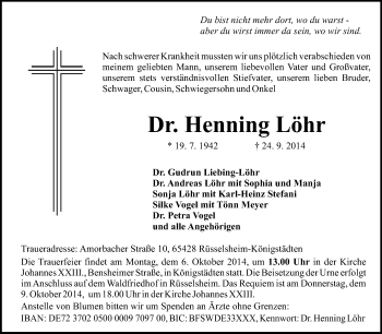 Traueranzeige von Henning Löhr von Rüsselsheimer Echo, Groß-Gerauer-Echo, Ried Echo