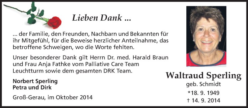  Traueranzeige für Waltraud Sperling vom 30.09.2014 aus Rüsselsheimer Echo, Groß-Gerauer-Echo, Ried Echo