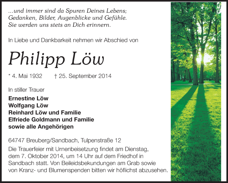  Traueranzeige für Philipp Löw vom 02.10.2014 aus Odenwälder Echo