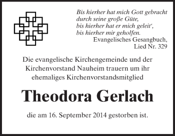 Traueranzeige von Theodora Gerlach von Rüsselsheimer Echo, Groß-Gerauer-Echo, Ried Echo