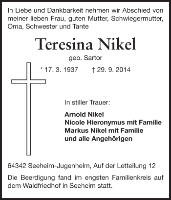 Traueranzeige von Teresina Nikel von Echo-Zeitungen (Gesamtausgabe)