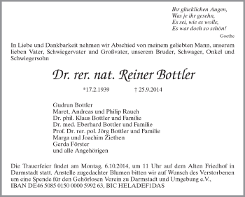 Traueranzeige von Reiner Bottler von Echo-Zeitungen (Gesamtausgabe)