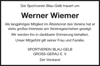 Traueranzeige von Werner Wiemer von Rüsselsheimer Echo, Groß-Gerauer-Echo, Ried Echo