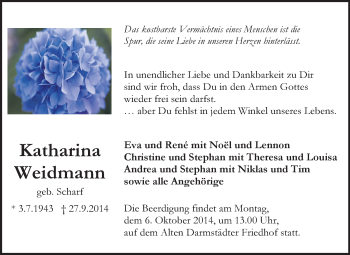 Traueranzeige von Katharina Weidmann von Echo-Zeitungen (Gesamtausgabe)