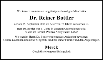 Traueranzeige von Reiner Bottler von Echo-Zeitungen (Gesamtausgabe)