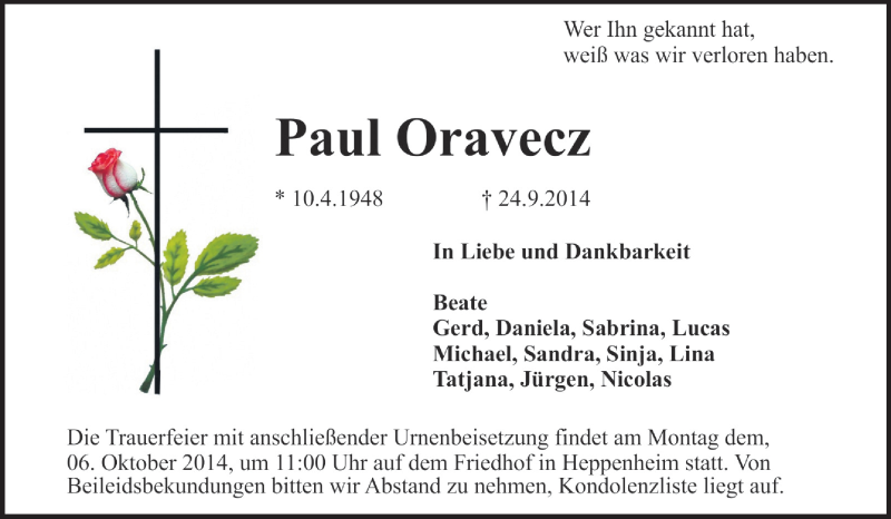  Traueranzeige für Paul Oravecz vom 01.10.2014 aus Starkenburger Echo