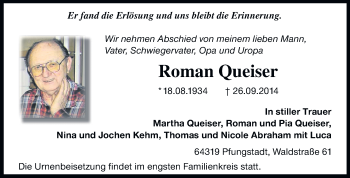 Traueranzeige von Roman Queiser von Echo-Zeitungen (Gesamtausgabe)
