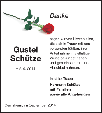 Traueranzeige von Gustel Schütze von Echo-Zeitungen (Gesamtausgabe)