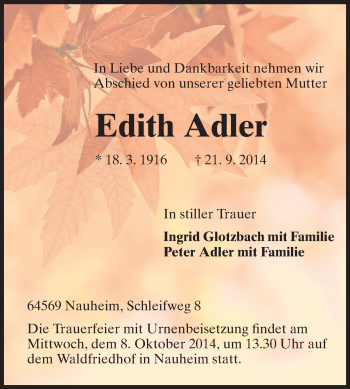 Traueranzeige von Edith Adler von Rüsselsheimer Echo, Groß-Gerauer-Echo, Ried Echo