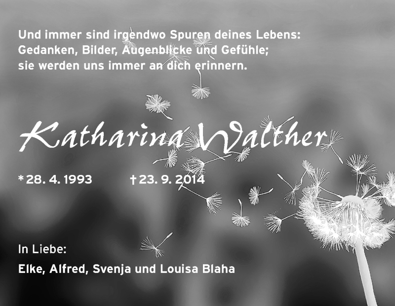  Traueranzeige für Katharina Walther vom 02.10.2014 aus Odenwälder Echo