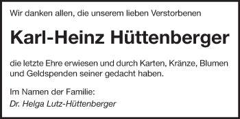 Traueranzeige von Karl-Heinz Hüttenberger von Echo-Zeitungen (Gesamtausgabe)