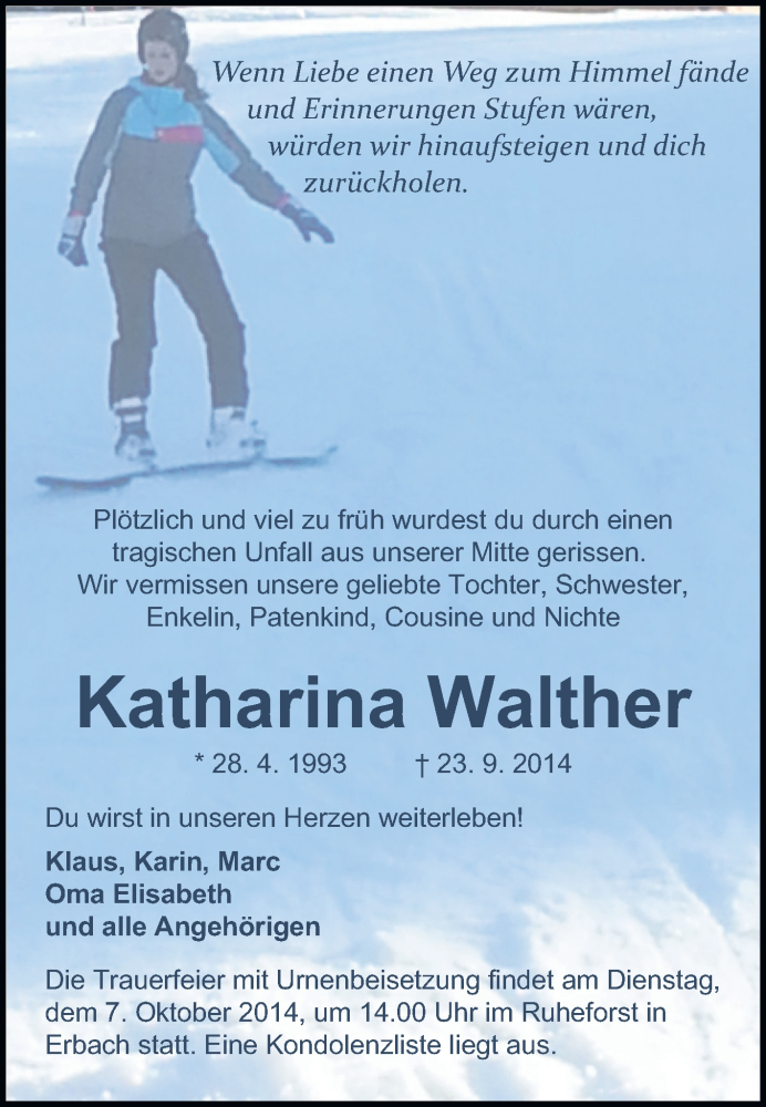  Traueranzeige für Katharina Walther vom 02.10.2014 aus Odenwälder Echo