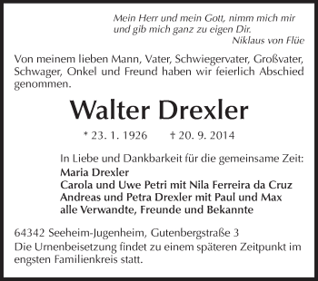 Traueranzeige von Walter Drexler von Echo-Zeitungen (Gesamtausgabe)