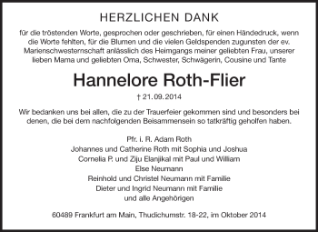 Traueranzeige von Hannelore Roth-Flier von Darmstädter Echo, Odenwälder Echo, Rüsselsheimer Echo, Groß-Gerauer-Echo, Ried Echo