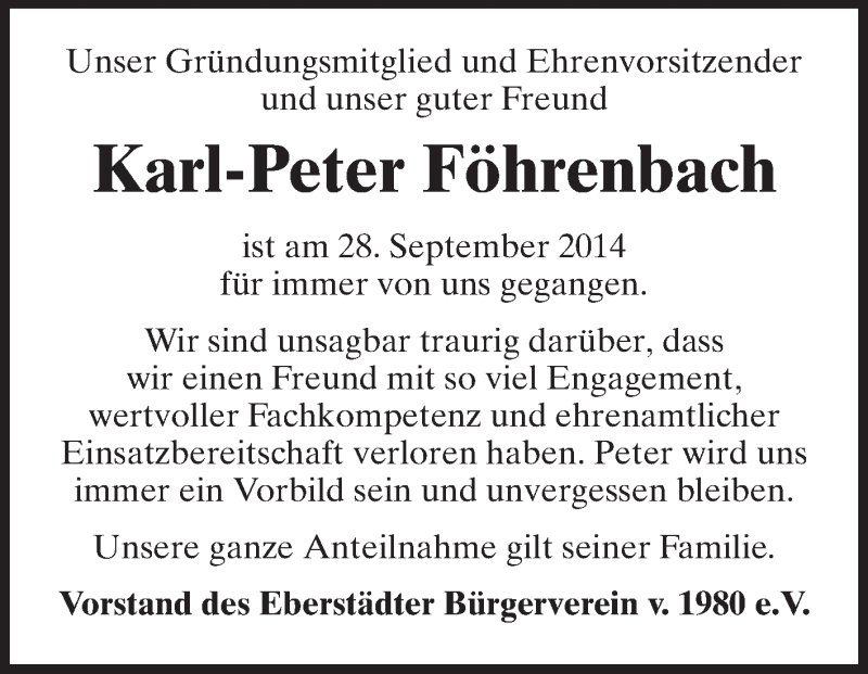  Traueranzeige für Karl-Peter Föhrenbach vom 04.10.2014 aus Echo-Zeitungen (Gesamtausgabe)