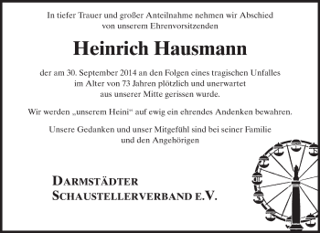 Traueranzeige von Heinrich Heini Hausmann von Echo-Zeitungen (Gesamtausgabe)
