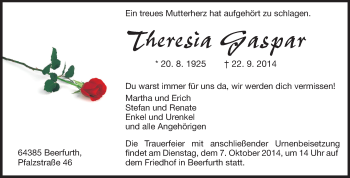 Traueranzeige von Theresia Gaspar von Odenwälder Echo