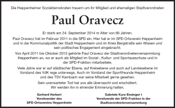 Traueranzeige von Paul Oravecz von Starkenburger Echo