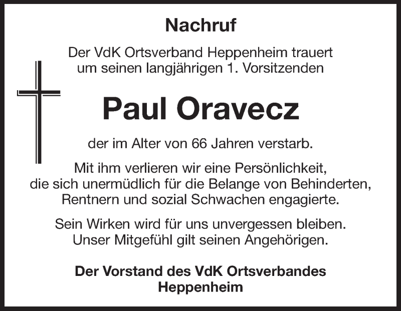  Traueranzeige für Paul Oravecz vom 04.10.2014 aus Starkenburger Echo