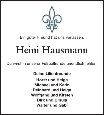 Traueranzeige von Heinrich Heini Hausmann von Echo-Zeitungen (Gesamtausgabe)