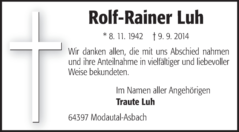 Traueranzeige für Rolf-Rainer Luh vom 04.10.2014 aus Echo-Zeitungen (Gesamtausgabe)