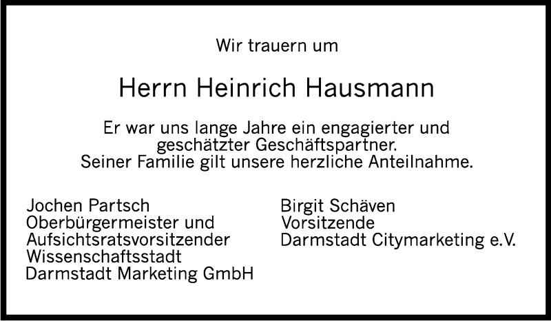  Traueranzeige für Heinrich Heini Hausmann vom 04.10.2014 aus Echo-Zeitungen (Gesamtausgabe)